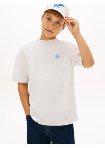 T-Shirt Tommy Hilfiger "TH SCRIPT JERSEY TWILL T-SHIRT", M&auml;dchen, Gr. 7 (122), ecru, Twill, Obermaterial: 100% Baumwolle, unifarben, h&uuml;ftbedeckend, Rundhals, abgesteppte Kante, Shirts T-Shirt, Kinder bis 16 Jahre, Rundhals, bestickt