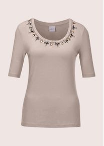 Madeleine Mode Kurzarmshirt MADELEINE "Shirt Elegantes Oberteil mit Schmucksteinen", Damen, Gr. 38, beige (cappuccino), Obermaterial: 95% Viskose CV. 5% Elasthan EL., Modern, Shirts Kurzarmshirt