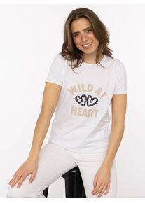 T-Shirt Zwillingsherz "Leo Herzen", Damen, Gr. L, wei&szlig;, Obermaterial: 95% Baumwolle, 5% Elasthan, Shirts T-Shirt, leo Herzen, gestickter Schriftzug, Rundhals, kurzarm