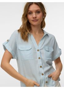 V&eacute;ro Moda Kurzarmbluse VERO MODA "VMBUMPY S/S SHIRT WVN GA NOOS", Damen, Gr. L, snow wei&szlig; stripes:gray mist, Web, Obermaterial: 100% Viskose, gestreift, regular fit normal, V-Ausschnitt, mit Aufschlag, Blusen Kurzarmbluse, Viskose, regular fit