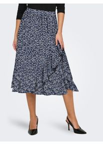 Wickelrock Only "ONLCARLY FLOUNCE LONG SKIRT", Damen, Gr. XS (34), blau (night sky with cloud dancer flower), Web, Obermaterial: 97% Polyester, 3% Elasthan, gebl&uuml;mt, figurumspielend kniebedeckend, R&ouml;cke Wickelrock
