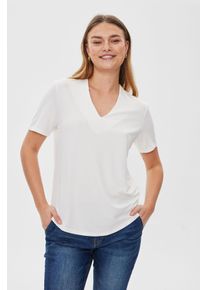 Kurzarmbluse Freequent "FQYR", Damen, Gr. XL, wei&szlig; (off, wei&szlig;), Web, Obermaterial: 60% Modal, 40% Polyester, unifarben, bequem h&uuml;ftbedeckend, V-Ausschnitt, Blusen Kurzarmbluse, elastisch, mit V-Ausschnitt