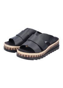 Pantolette Rieker, Damen, Gr. 37, schwarz, Lederimitat, Schuhe Pantolette, Keilabsatz, Sommerschuh, Schlappen mit Juteumrahmung