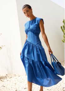 Madeleine Mode Midikleid MADELEINE "Midikleid Baumwollkleid mit Stufenrock", Damen, Gr. 36, N-Gr, blau (royal), Obermaterial: 100% Baumwolle CO., Modern, figurumspielend, Kleider Midikleid, Kleid mit asymetrischen Stufenrock und modernen Teilungsn&auml;hten