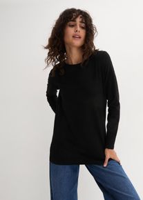 Langarmshirt bonprix, Damen, Gr. 48/50 (XL), schwarz, Web, Obermaterial: 95% Baumwolle, 5% Elasthan, unifarben, oversize Po-bedeckend, U-Boot-Ausschnitt, gerader Abschluss, Shirts Langarmshirt, Oversize Passform, Rundhalsausschnitt, aus Baumwolle