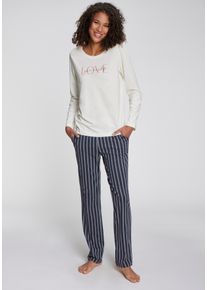 Pyjama Vivance Dreams, Damen, Gr. 36/38, wei&szlig;, dunkelblau, gestreift, Single Jersey, Obermaterial: 50% Baumwolle, 50% Viskose, Basic lang, Rundhals, Homewear-Sets Pyjama, mit sch&ouml;nem Frontprint