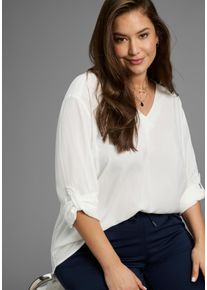 Schlupfbluse LAURA SCOTT CURVE, Damen, Gr. 48, wei&szlig;, Web, Obermaterial: 100% Viskose, unifarben, Basic, figurumspielend, V-Ausschnitt, verstellbar, Blusen Schlupfbluse, aus flie&szlig;ender Viskose mit &Auml;rmelriegeln zum Krempeln - GROSSE GR&Ouml;SSE