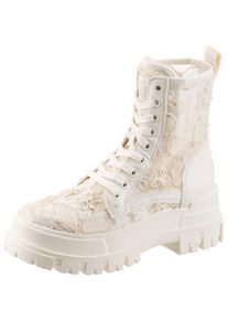 Schn&uuml;rboots Buffalo, Damen, Gr. 40, wei&szlig;, creme, Lederimitat, Textil, bestickt, Schuhe Schn&uuml;rboots, Blockabsatz, Plateau, Stiefelette, mit transparentem Schaft