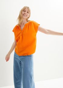 Shirtbluse bonprix "Musselin-Blusentop aus reiner Baumwolle", Damen, Gr. 48, orange (k&uuml;rbisorange), Web, Obermaterial: 100% Baumwolle, unifarben, oversize normal, Rundhals, gerader Abschluss, Blusen Shirtbluse, Oversize-Passform, mit V-Ausschnitt, aus Baumwolle
