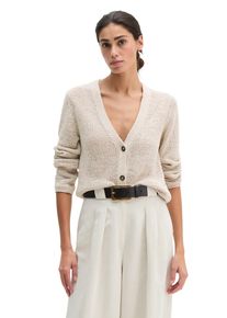 Marc O'Polo Cardigan MARC O'POLO, Damen, Gr. XL, gray silk, Strick, Obermaterial: 70% Baumwolle, 30% Polyester, slim fit normal, tiefer V-Ausschnitt, Strickjacken Cardigan, slim aus B&auml;ndchengarn