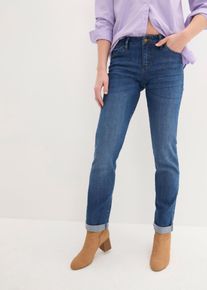 Straight-Jeans bonprix "Straight Jeans Mid Waist, Stretch", Damen, Gr. 48, N-Gr, blau denim used (l&auml;nge: regul&auml;r), Denim/Jeans, Obermaterial: 82% Baumwolle, 17% Polyester, 1% Elasthan, regular fit kn&ouml;chelfrei, Jeans Straight-Jeans, Regular Fit, mit Aufschlag, im Five-Pocket-Style