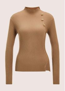Madeleine Mode Longpullover MADELEINE "Strickpullover Stilvoller Viskosepullover mit edlen Broschen", Damen, Gr. 48, braun (caramel), Obermaterial: 65% Viskose CV. 35% Polyamid PA., Modern, Pullover Longpullover, Seitliche Brosche