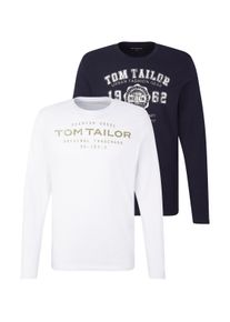 Langarmshirt Tom Tailor, Herren, Gr. L, blau (knitted navy), Jersey, Obermaterial: 100% Baumwolle, bedruckt, regular fit taillenbedeckt, Rundhals, gerader Abschluss, Shirts Langarmshirt, 2er Pack / mit Logo Print