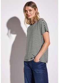 T-Shirt Street One "Style Crista", Damen, Gr. 36, schwarz, Jersey, Obermaterial: 95% Viskose, 5% Elasthan, gestreift, regular fit taillenbedeckt, Rundhals, Shirts T-Shirt, mit Streifen Muster
