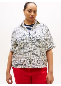Kurzarmshirt Tommy Hilfiger Curve "CRV ESS LINEN SHIRT WITH SS", Damen, Gr. 48, small flag feathers calico, Single Jersey, Obermaterial: 100% Leinen, bedruckt, regular fit normal, ohne Ausschnitt, Shirts Kurzarmshirt, in gro&szlig;en Gr&ouml;&szlig;en