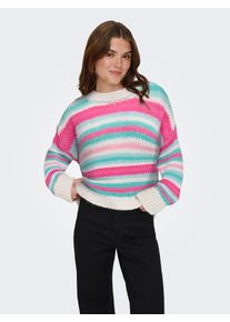 Strickpullover Only "ONLALYSSA LIFE LS STRIPE O-NECK CC KNT", Damen, Gr. XL, birch stripes:aqua s, bright a, fusia p, knout p, sea p, Strick, Obermaterial: 100% Polyester, gestreift, regular fit, Rundhals, Pullover Strickpullover