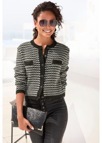 Strickjacke Lascana, Damen, Gr. 44/46, schwarz-wei&szlig; (schwarz, wei&szlig; kariert), Strick, Obermaterial: 89% Polyacryl, 6% Polyester, 5% Elasthan, kariert, figurbetont h&uuml;ftlang, Rundhals, Strickjacken Strickjacke, mit Karomuster, markante Knopfleiste, casual-chic, Topseller