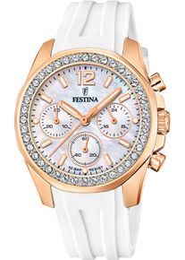 Chronograph Festina "Boyfriend Collection", wei&szlig; (wei&szlig;, ros&eacute;goldfarben), Armbanduhren, Damen, Chronograph, Armbanduhr, Quarzuhr, Damenuhr, Stoppfunktion, bis 10 bar wasserdicht