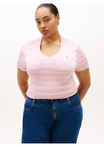 V-Shirt Tommy Hilfiger Curve "CRV SLIM CODY V-NK SS", Damen, Gr. 54, fine stp pink, ecru, Single Jersey, Obermaterial: 100% Baumwolle, gestreift, slim fit normal, V-Ausschnitt, abgesteppte Kante, Shirts V-Shirt, in gro&szlig;en Gr&ouml;&szlig;en, Baumwoll-Qualit&auml;t