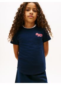 T-Shirt Tommy Hilfiger "TOMMY GRAPHIC FLOCK TEE S/S", M&auml;dchen, Gr. 4 (104), blau (schwarz night navy), Single Jersey, Obermaterial: 60% Baumwolle, 40% Polyester, unifarben, regular fit normal, Rundhals, eingesetzt abgesteppte Kante, Shirts T-Shirt, Kinder bis 16 Jahre, Druck