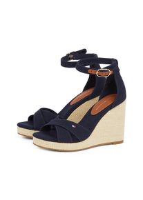 High-Heel-Sandalette Tommy Hilfiger "FLAG HIGH WEDGE ESPAD CRISSCROSS", Damen, Gr. 41, blau (dunkelblau), Baumwolle, Schuhe High-Heel-Sandalette, Riemchensandale, Sommerschuh, Keilsandalette, verstellbarer Schnalle