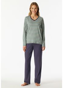 Schlafanzug Schiesser "Casual Essentials", Damen, Gr. 38, 709, mineral, Single Jersey, Obermaterial: 100% Baumwolle, bequem lang, V-Ausschnitt, Homewear-Sets Schlafanzug, Baumwolle, V-Ausschnitt, lang&auml;rmelig