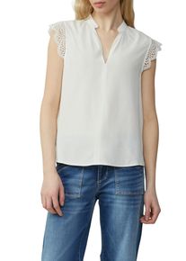 Blusentop QS, Damen, Gr. 42, wei&szlig;, Web, Obermaterial: 100% Viskose, unifarben, kurz, tiefer V-Ausschnitt, Blusen Blusentop, mit Spitzen-Detail