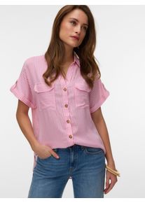 V&eacute;ro Moda Kurzarmbluse VERO MODA "VMBUMPY S/S SHIRT WVN GA NOOS", Damen, Gr. XS, snow wei&szlig; stripes:pink cosmos, Web, Obermaterial: 100% Viskose, gestreift, regular fit normal, V-Ausschnitt, mit Aufschlag, Blusen Kurzarmbluse, Viskose, regular fit