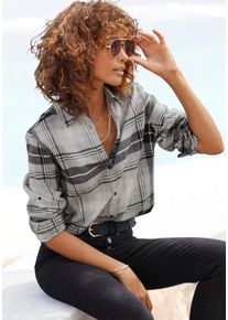 Hemdbluse Buffalo, Damen, Gr. 46, grau (grau, schwarz kariert), Flanell, Obermaterial: 100% Baumwolle, kariert, figurumspielend h&uuml;ftlang, ohne Ausschnitt, mit Riegel 1-Knopf-Manschette, Blusen Hemdbluse, aus weichem Flanell mit Blusenkragen, Flanellhemd, Karobluse, Topseller