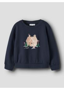 Sweatshirt name it "NMFVISMAS LS NREG SWEAT BRU", M&auml;dchen, Gr. 98, navy blazer print:gingerbread house, Sweatware, Obermaterial: 100% Baumwolle, bedruckt, normal, Rundhals, Sweatshirts Sweatshirt