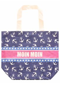 Tragetasche Zwillingsherz, Damen, Gr. B/H/T: 38cm x 45cm x 17cm, marine, Canvas, Baumwolle, Kunstfaser, Taschen Tragetasche, Stofftasche mit Henkel, bunter Mustermix