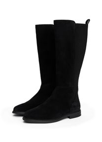 Stiefel Tommy Hilfiger "FLAG SUEDE LONG BOOT", Damen, Gr. 38, Normalschaft, schwarz, Veloursleder, Schuhe Stiefel, Langschaftstiefel, Rei&szlig;verschlussstiefel mit Logoflaggen-Detail