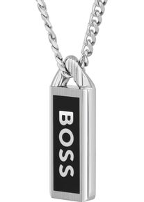 Kette mit Anh&auml;nger BOSS "KASSY EMBLEM", schwarz (edelstahlfarben, schwarz), Halsketten, Herren, Edelstahl, L: 56 B: 6mm, Kette mit Anh&auml;nger, mit Emaille, B:6mm