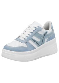 Plateausneaker Rieker, Damen, Gr. 42, wei&szlig; (hellblau, wei&szlig;), Lederimitat, Textil, kontrastfarbene Details, Schuhe Plateausneaker, Freizeitschuh, Halbschuh, Schn&uuml;rschuh mit gepolstertem Schaftrand