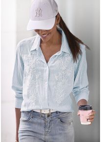 Langarmbluse Lascana, Damen, Gr. 34, blau, creme gestreift, Web, Obermaterial: 55% Baumwolle, 35% Viskose, 10% Leinen, bestickt, gestreift, figurumspielend kniebedeckend, mit Knopf, Blusen Langarmbluse, mit floraler Stickerei, Topseller
