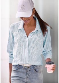 Langarmbluse Lascana, Damen, Gr. 44, blau, creme gestreift, Web, Obermaterial: 55% Baumwolle, 35% Viskose, 10% Leinen, bestickt, gestreift, figurumspielend kniebedeckend, mit Knopf, Blusen Langarmbluse, mit floraler Stickerei, Topseller