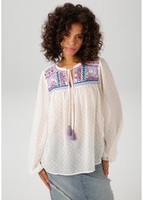 Schlupfbluse Aniston CASUAL, Damen, Gr. 48, wei&szlig; (wollwei&szlig;, lavendel, petrol, fuchsia, hellorange, t&uuml;rkis, goldfarben), Web, Obermaterial: 100% Polyester, Glitzermuster, bestickt, gemustert, l&auml;ssig geschnitten h&uuml;ftlang, V-Ausschnitt, elastischer Bund mit Gummizug, Blusen Schlupfbluse, mit aufw&auml;ndig bestickter Passe und Spiegelverzierung