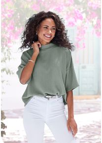 Kurzarmshirt Lascana "mit Stehkragen", Damen, Gr. 40/42, gr&uuml;n (lindgr&uuml;n), Cr&ecirc;pe, Obermaterial: 97% Polyester, 3% Elasthan, unifarben, l&auml;ssig geschnitten, Shirts Kurzarmshirt, aus b&uuml;gelfreier Cr&ecirc;pe-Qualit&auml;t