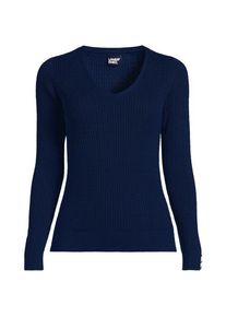 LANDS' END Feinstrick-Zopfmusterpullover mit V-Ausschnitt, Damen,  Blau, Baumwolle, by Lands' End