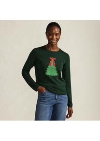 LANDS' END Feinstrick-Weihnachtspullover Schleife, Damen,  Gr&uuml;n, Baumwolle/Polyester/Metall, by Lands' End