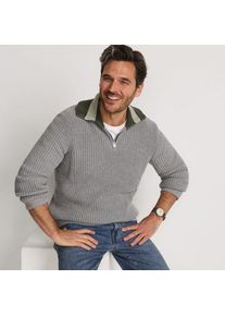 LANDS' END DRIFTER Pullover mit Colorblock-Kragen und Rei&szlig;verschluss, Herren,  Grau, Baumwolle, by Lands' End