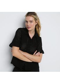 LANDS' END Lochmuster-Bluse mit R&uuml;schen&auml;rmeln, Damen,  Schwarz, Baumwolle, by Lands' End