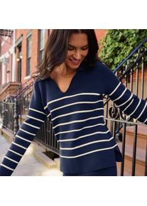 LANDS' END Feinstrick-Polopullover, Damen,  Blau, Baumwolle, by Lands' End