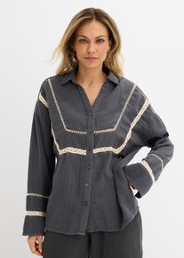 bonprix Musselin-Bluse mit Spitzeneins&auml;tzen, grau, Gr.50, Modische Bluse aus Musselin mit Spitzeneins&auml;tzen in verwaschener Optik, aus 100% Baumwolle,Musselin
