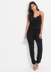 bonprix Jumpsuit aus strukturierter Viskose, schwarz, Gr.50, &Auml;rmelloser Jumpsuit mit Spitze und Kordeldetail, aus Viskose