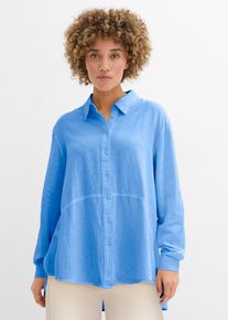 bonprix Oversize Bluse aus Leinen- Mix, blau, Gr.52, Oversize-Bluse mit abgerundetem & hinten verl&auml;ngertem Saum. Ein Langarmmodell mit Kragen und Knopfleiste., aus Leinen,Viskose