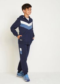 bonprix Trainingsanzug aus reiner Bio-Baumwolle (2-tlg. Set), blau, Gr.128/134, Angesagter Jungen Sweat-Anzug mit Blockstreifen-Design, aus 100% Baumwolle