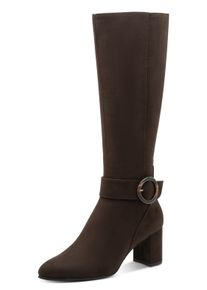 Stiefel Marco Tozzi, Damen, Gr. 36, Normalschaft, mocca, Textil, Veloursleder, unifarben, Schuhe Stiefel, Blockabsatz, Businessstiefel, Langschaftstiefel mit Zierschnalle