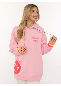 Hoodie Zwillingsherz "Always Happy", Damen, Gr. S/M, rosa, Sweatware, Obermaterial: 50% Baumwolle, 50% Polyester, unifarben, normal h&uuml;ftbedeckend, V-Ausschnitt, Sweatshirts Hoodie, Smiley aus Frottee, Neon-Details, Kapuze, Langarm
