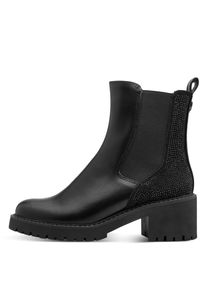 Chelseaboots Marco Tozzi, Damen, Gr. 37, schwarz, Elastischer Einsatz, Lederimitat, Schuhe Chelseaboots, Blockabstz, Stiefelette mit funkelenden Strasssteinchen besetzt